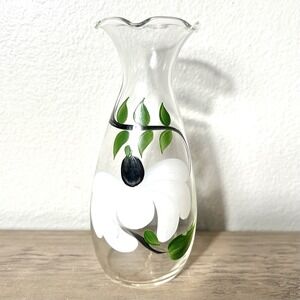 Vtg Hand Painted Glass Bud Vase 6.75" White Flower Green Leaves Ruffled Top READ